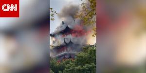 لحظة اندلاع حريق هائل في معبد صيني.. فيديو يظهر ما حدث للمبنى